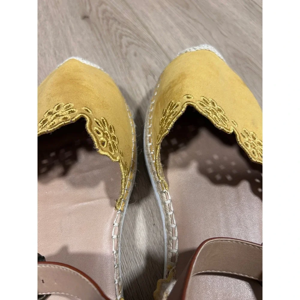 Torrid Mustard Yellow Eyelet Embroidered Espadrille Ankle Strap Flats 10W